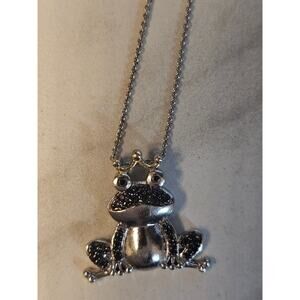 Sterling Silver 925 Frog King Pendant Necklace BLK Crystal 18" Drop Cable Chain